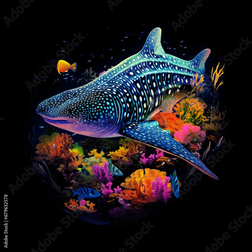 Whale shark, coral reef, bright colors, rare shark species.