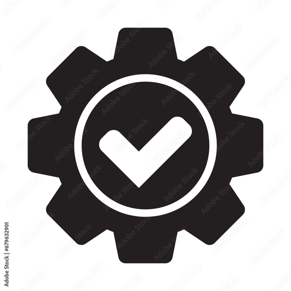 Check mark with gear icon, cog with check icon. Check mark with gear icon, cog with check icon.