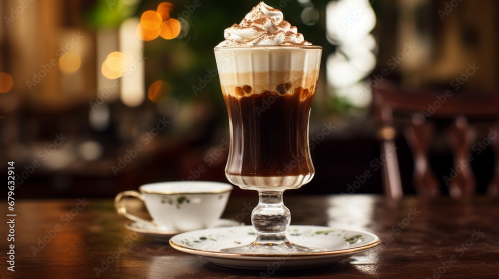 Irish coffee on wooden table, topped with cream, in fine dining restaurant, background, bar, beverage, blur, bokeh, coffee, desk, drink, glass, hot, hot drinks, ireland, irish coffee, light, pub Irish coffee on wooden table, topped with cream, in fine dining restaurant, background, bar, beverage, blur, bokeh, coffee, desk, drink, glass, hot, hot drinks, ireland, irish coffee, light, pub