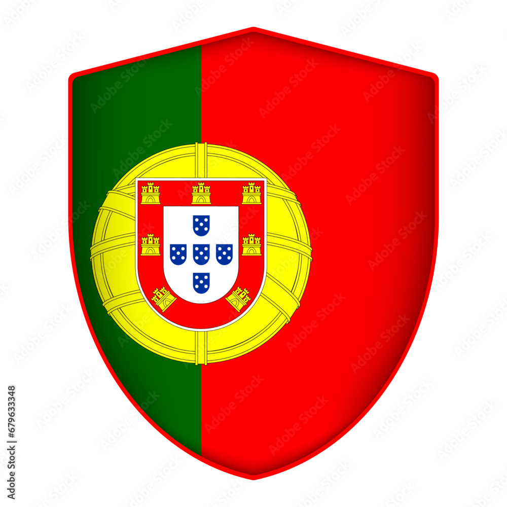 Obraz premium Portugal flag in shield shape. Vector illustration.