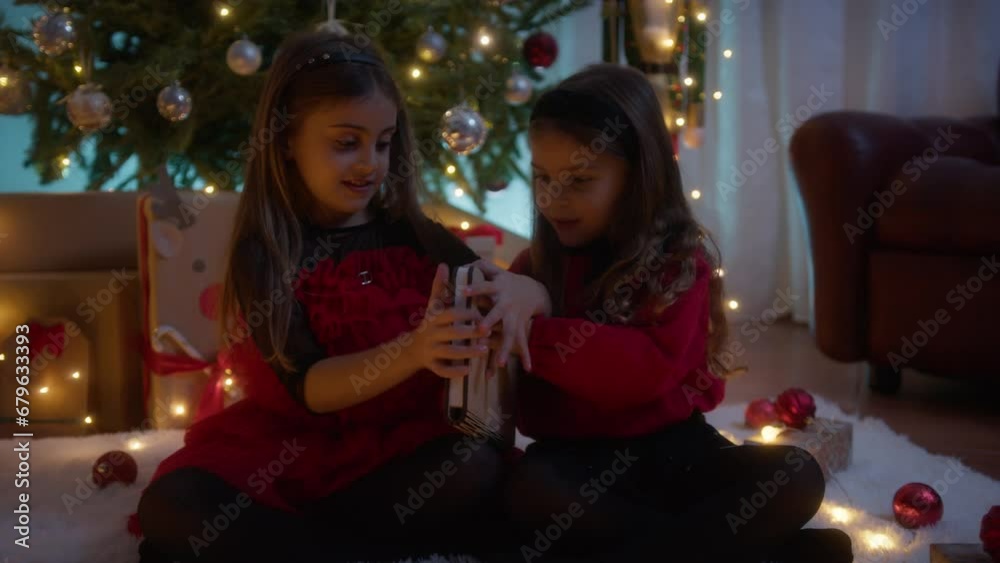 Sisters enjoying under Christmas Tree Sisters enjoying under Christmas Tree