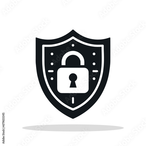 Shield and padlock icon. Black shield with padlock symbol.
