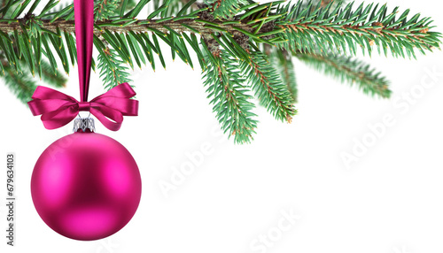 Christmas ball on fir tree branch isolated on white background. Christmas or New Year holiday background.