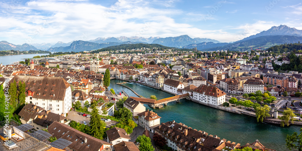 Lucerne city at Reuss river and lake with Spreuerbrücke bridge from above panorama in Switzerland