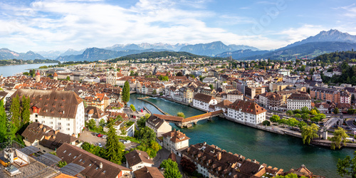 Lucerne city at Reuss river and lake with Spreuerbrücke bridge from above panorama in Switzerland