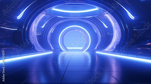 Empty indigo tunnel. Technology futuristic background.