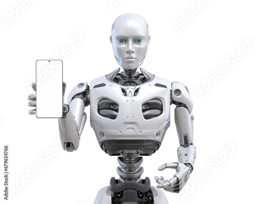 Futuristic android robot holding or using a smart phone