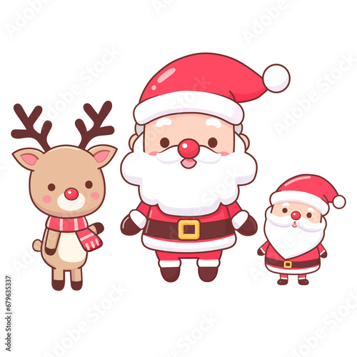 cute Santa Claus and reindeer. Holiday cartoon character vector.