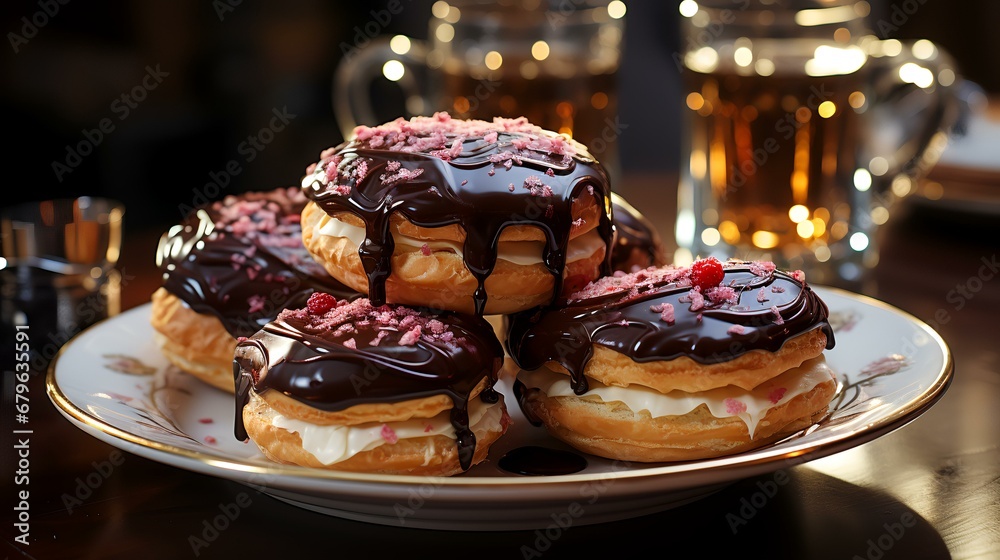 Chocolate eclairs with whipped cream and chocolate glaze