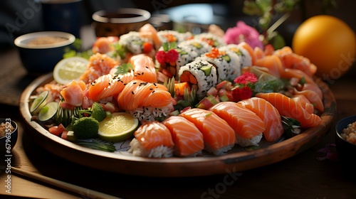 Japanese food restaurant. Sushi set with salmon, shrimp, avocado, wasabi, ginger, soy sauce