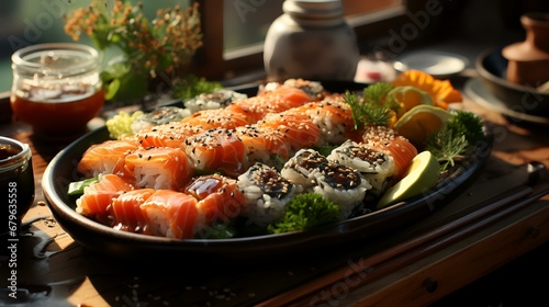 Sushi set on a wooden table. Sushi rolls with salmon, eel, caviar, cream cheese, cucumber, soy sauce, wasabi and ginger