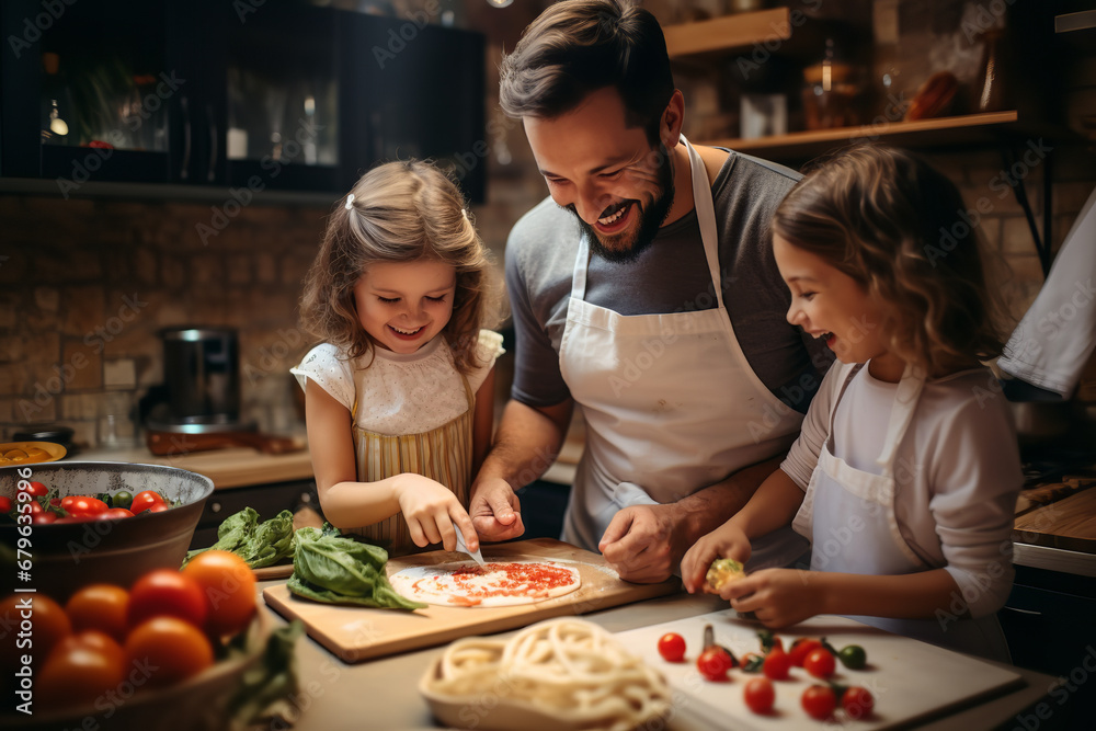 A family of four collaborates in the kitchen, each contributing to making a meal, emphasizing teamwork and unity A family of four collaborates in the kitchen, each contributing to making a meal, emphasizing teamwork and unity