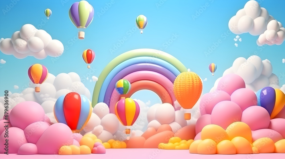 A whimsical 3D illustration of colorful hot air balloons flying among fluffy clouds with a vibrant rainbow