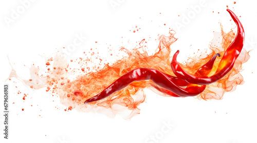 Red hot chili pepper in a dynamic fire, representing intense spiciness on a white backdrop