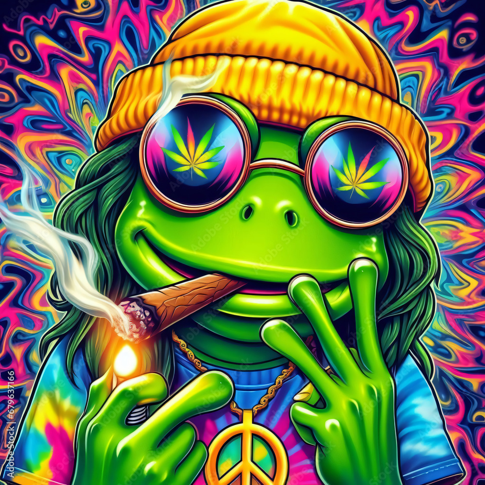 Psychedelic cool frog smoking weed - obrazy, fototapety, plakaty 