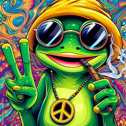 Happy psychedelic frog smoking photo