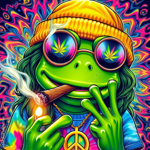 Psychedelic cool frog smoking weed photo