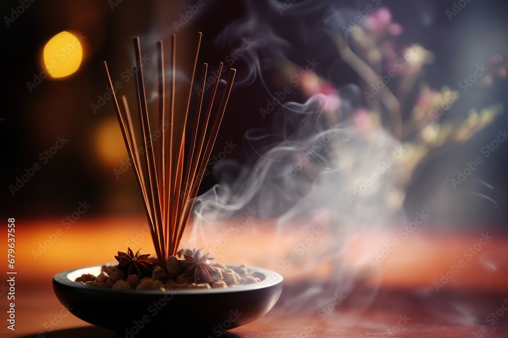 Burning incense sticks in a bowl, aromatherapy - obrazy, fototapety, plakaty 