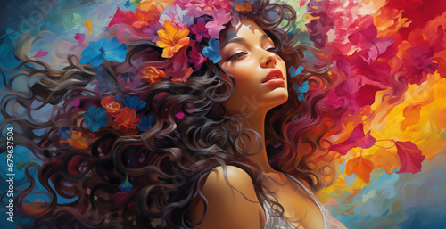  illustration abstract portrait of a girl of Asian appearance with colorful flowers in wavy dark hair