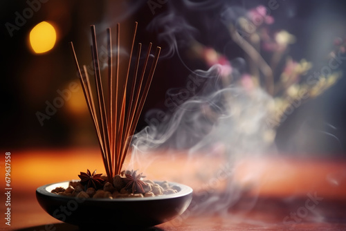 Burning incense sticks in a bowl, aromatherapy photo