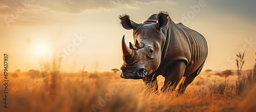 Animal wildlife photography rhino with sunset view background, AI generated image © atapdesain