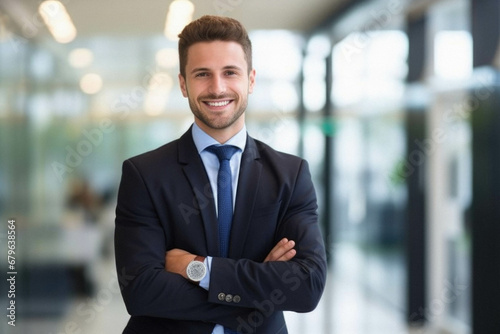 Portrait of young businessman in suit with arms crossed in the office. photo