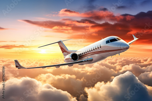 Private jet flying through the clouds passing the setting sun traveling by aircraft airplane