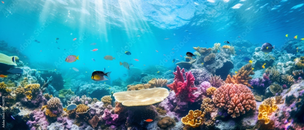 Fototapeta premium Underwater coral reefs. Mesmerizing ocean background