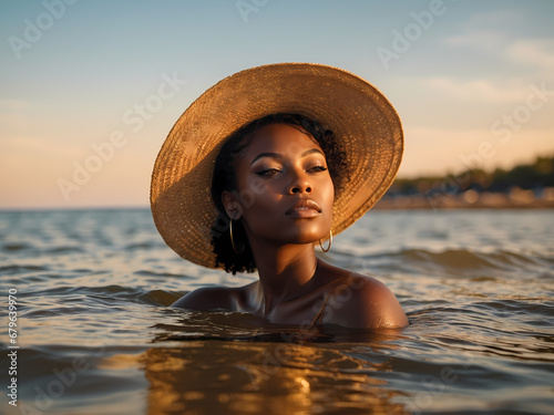 African american girl in swimwear lying on white sandy beach. Sexy dark skinned model with perfect body rests and has good time on summer holidays. Concept travel, vacation, swimsuit photo