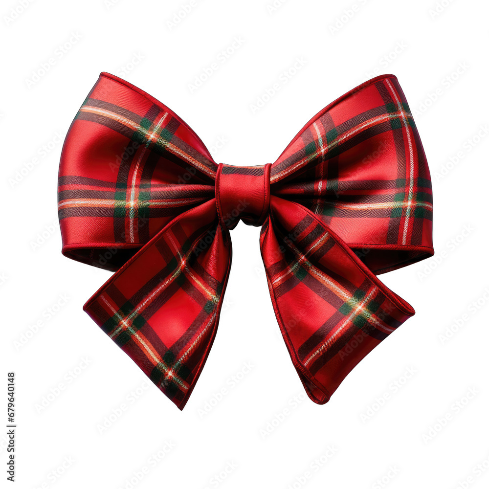 Festive plaid bow with satin ribbon isolated on transparent background