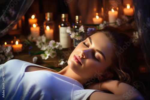 Young woman relaxing in spa with candles and aromatherapy photo