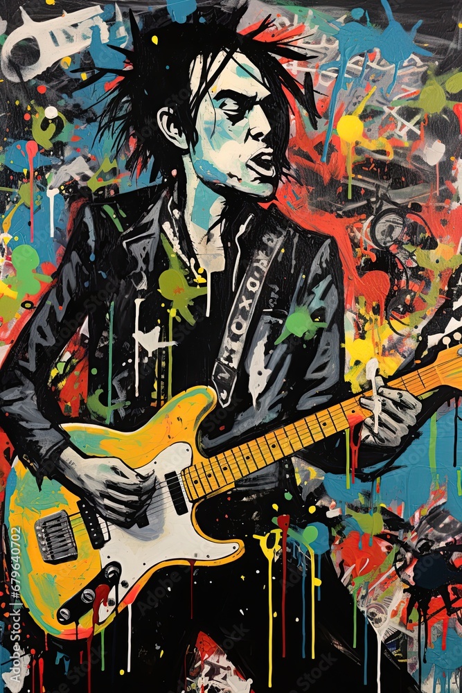 Punk Rockstar playing guitar. Poster design of guitarist on stage. Wall art. Ai Generative