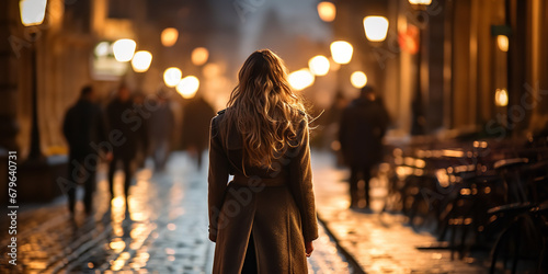 A woman walks down the street in the evening