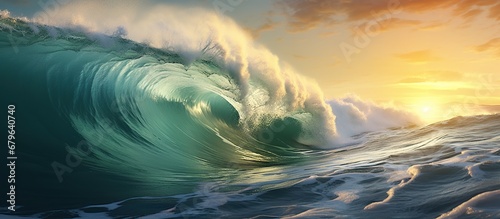 Beautiful view of the huge breaking wave of the sea at sunset. AI generated image © atapdesain