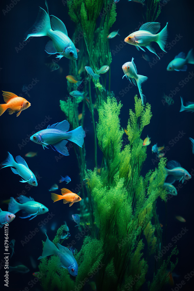 Banner. many exotic neon fish on the background of kelp algae in azure tones Banner. many exotic neon fish on the background of kelp algae in azure tones