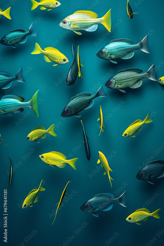 Obraz premium Banner. many exotic neon fish on the background of kelp algae in azure tones