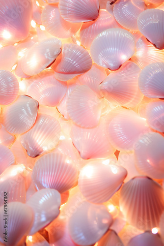 shiny pearlescent sea shells arranged in an even layer minimalism