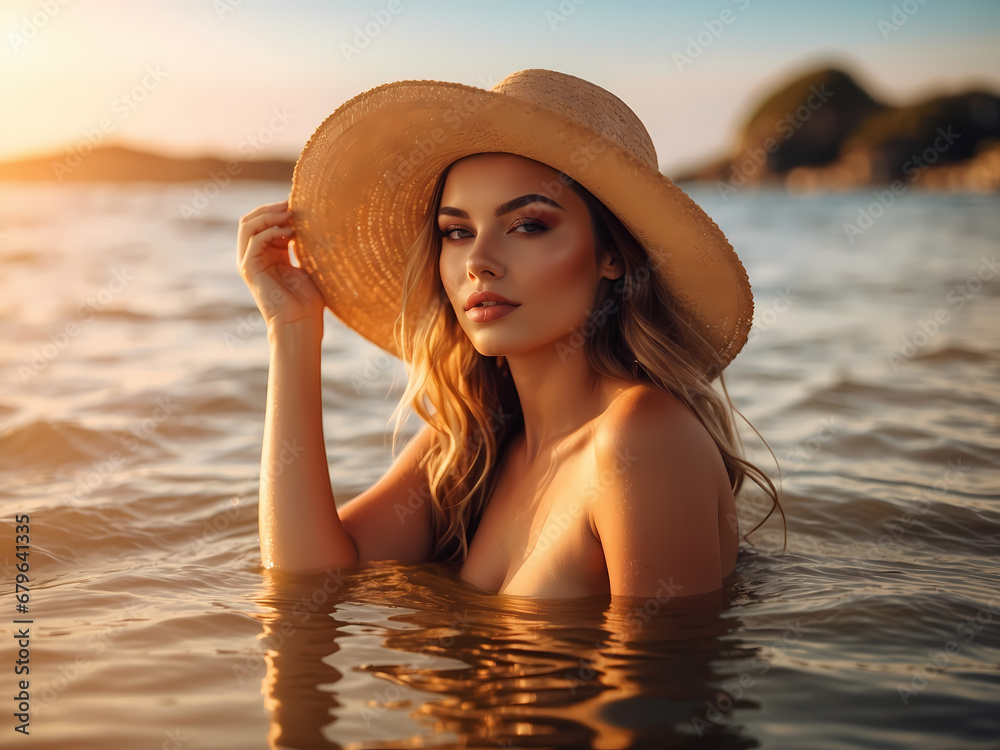 Beautiful brunette posing in a water at sunset