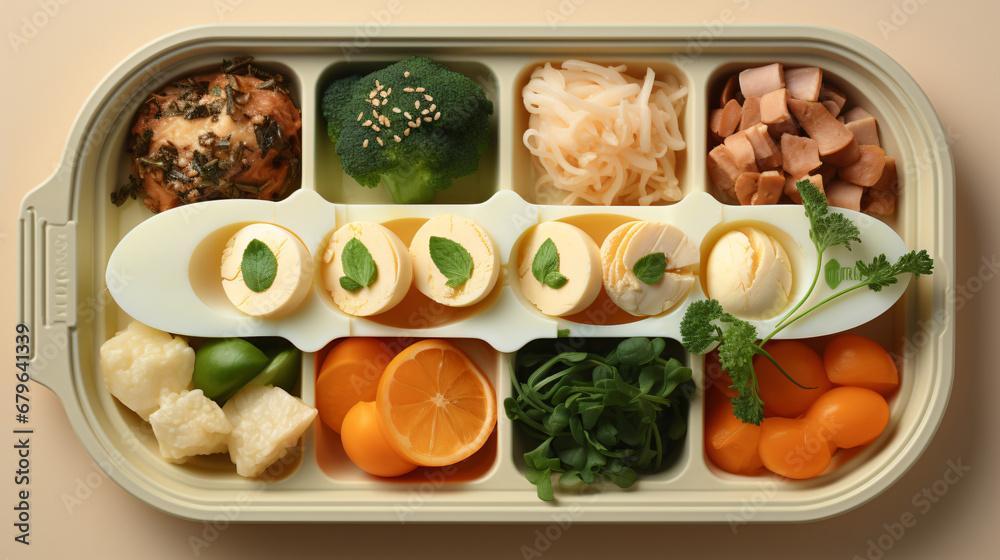 portioned food from vegetables to meat in a tray with individual compartments