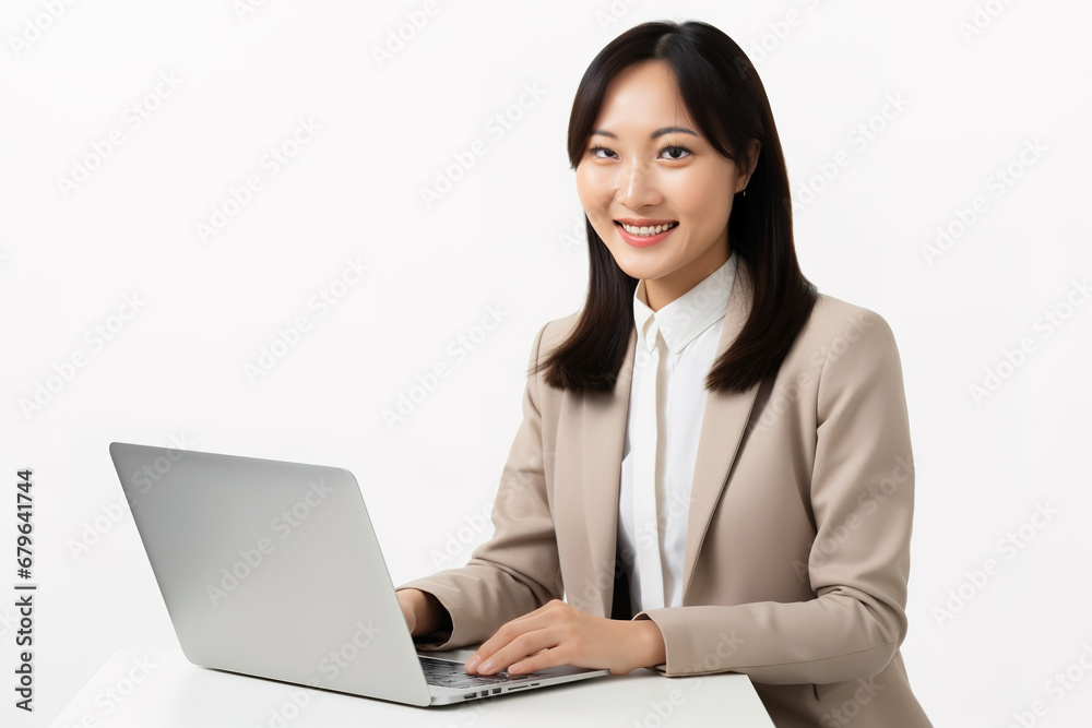 Confident smiling asian businesswoman, office worker in suit using laptop isolated on white background. Confident smiling asian businesswoman, office worker in suit using laptop isolated on white background.
