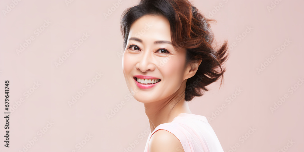 Full head, pastel, copy space, commercial photography, sharp focus, middle aged woman, japanese Full head, pastel, copy space, commercial photography, sharp focus, middle aged woman, japanese
