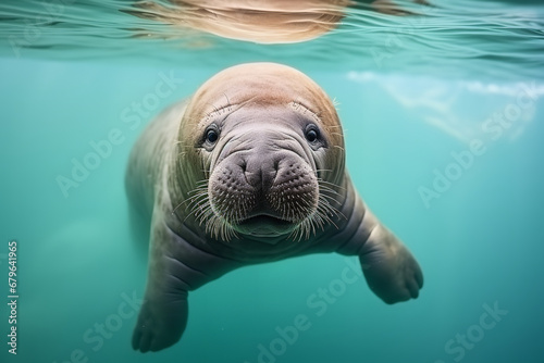 Baby walrus in light blue water. accuracy of details. natural colors