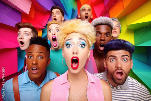 Group of amazed young people with open mouths or shocked faces over multicolored background.