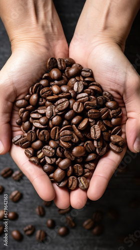 Photograph from above of a person's hand holding coffee beans on a plain background