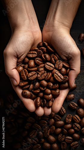 Photograph from above of a person s hand holding coffee beans on a plain background