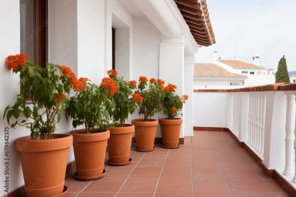 terracotta pots against bright white walls of spanish architecture