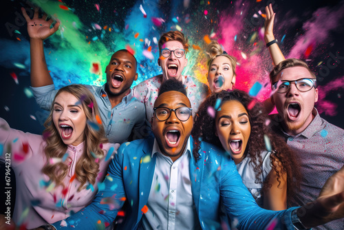 Winning concept. Group of overjoyed business people celebrating on multicolored background. Young beautiful women and men in elegant wear screaming with raised hands.