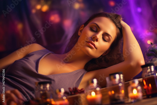 Young woman relaxing and enjoying in spa with candles, massage and aromatherapy © pilipphoto