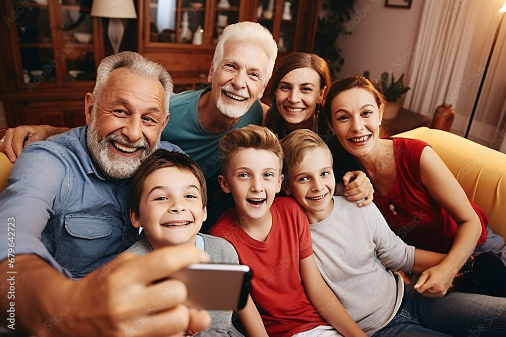 Obraz premium Family gathered together making a selfie photo in the living room.