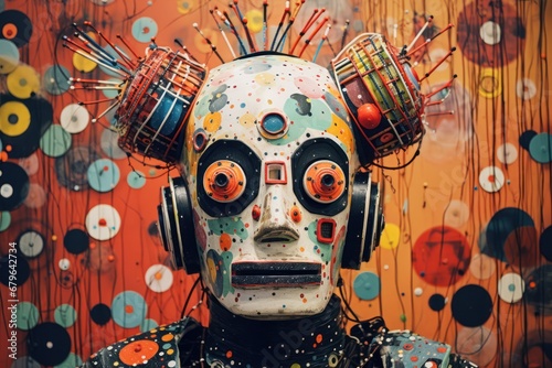 the funny robot made of different stuff in a abstract multicolored space close-up portrait